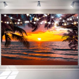 Summer Beach Background 7 x 5 ft Tropical Seaside Sunset Scene Backdrop Hawaiian Palm Tree Photo Props Aloha Luau Party Decorations Photography Supplies