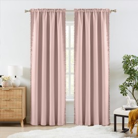 Melodieux Pink Pom Pom Blackout Curtains 84 Inches Long for Bedroom, Cute Boho Blackout Curtains for Kids Nursery, Living Room Thermal Insulated Privacy Cotton Drapes Girls Room, 52" W x 84" L