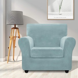 ZNSAYOTX Luxury Velvet Chair Slipcovers with Arms 2 Piece Stretch Chair Covers for Living Room Thick Soft Armchair Slipcover Anti Slip Pet Friendly Furniture Protector (Stone Blue),30"-47"(1 Cushion)