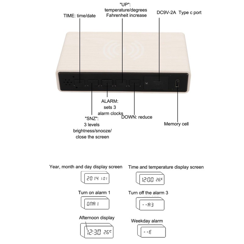 Wooden Digital Clock Wireless Charging Function 3 Brightness Electric Alarm