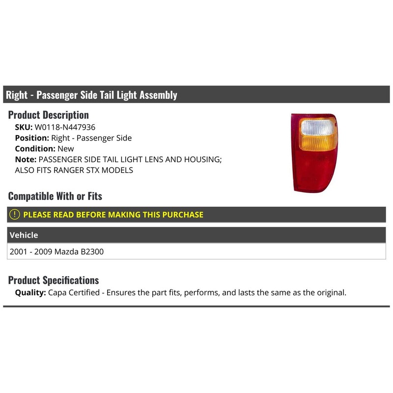 Right Passenger Side Tail Light Assembly - Compatible with 2001-2009