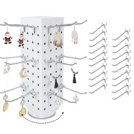 Kluronyo Rotating Pegboard Display Stand with 20 Peg Hooks 4-Sided Pegboard Spinning Display Stand 4 x 4 x 12 Inches, Keychain Display Stand for Retail Display, Earring Display (White)