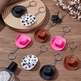 PLIGREAT 20 Pcs Plastic Mini Western Cowboy Cowgirl Hat Keychain Cowgirl Party Decor 4 Styles Small Cowboy Hat Keychain for Women Men Key Bag Decor Accessories Bachelorette Birthday Party Favors