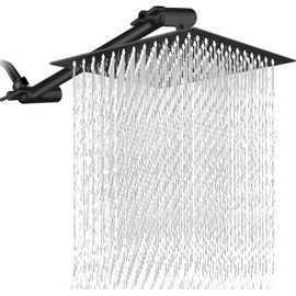 Cabeza de Ducha de Lluvia de Alta Presión, Regadera Cuadrado de Acero Inoxidable con 27 cm Brazo de Ducha Ajustable (Negro Mate, 20 cm/8 inch)