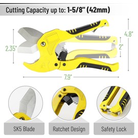 Bates- PVC Pipe Cutter, Cuts up to 1-5/8", Black & Yellow Ratcheting PVC Pipe Cutter Tool, Pipe Cutters PVC Pipe Shears, Plastic Pipe Cutter, PEX Pipe Cutter, PVC Cutter Tool, PVC Ratchet Cutter
