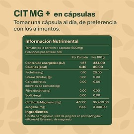 Citrato de Magnesio + Jengibre. Con 120 cápsulas de 500mg (4 meses). VitalBotanics. Suplementos Alimenticios. Multivitaminico. Vitaminas para Mujer y 