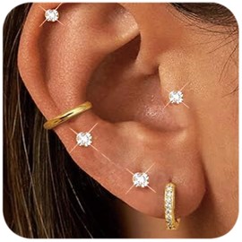 Koariya Stainless Steel Earrings Set Hypoallergenic Earrings 8mm & 10mm with CZ 3mm-5mm Studs in Gold & Silver (Gold + Silver)