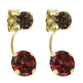 Gem Stone King 2.52 Ct Round Red Garnet Brown Smoky Quartz 14K Yellow Gold Earrings