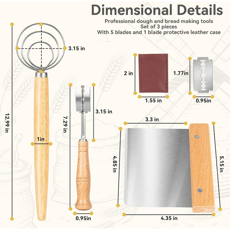 Bread Making Tools Set of 3, Danish Dough Whisk, Bench