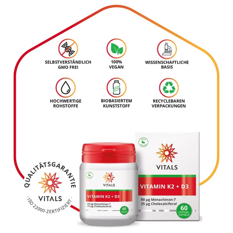 Vitals - Vitamin K2 + D3 60 vegan Softgel-Kapseln. Ein