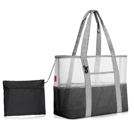 YOOFAN Mesh Beach Bag Tote Bag with 7 Pockets & Storage Pouch - Lightweight Beach Pool Tote for Women, Men, Family (Gray, 19.6"x11.8"x17.7")