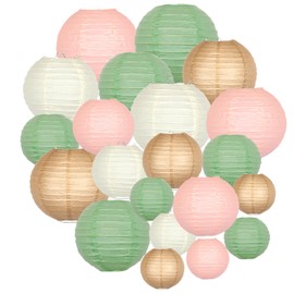 ADLKGG Paper Lanterns Party Decorative, Round Hanging Paper Lanterns Wedding Decorations for Sage Green Bridal Shower Birthday Rustic Party Neutral Baby Shower Home Decor Sage Green/Pink/Brown 21pcs