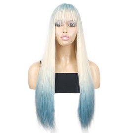 Onemily Long Blue Wigs for Women 24 Inch Blue Wig with Bangs Natural Soft Synthetic Heat Resistant Fiber Wigs Hair for Daily Party Use