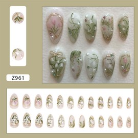 24pcs Flower Press On Nails Medium Almond Fake Nails Leaf With Pearl Design Green Acrylic Nails Reusable Summer Glue On Nails Full Cover Artificial Stick On Nails For Women