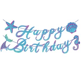 Mermaid Happy Birthday Banner - Mermaid Birthday Party Sign Decorations for Girls Kids Mermaid Theme Party Supplies
