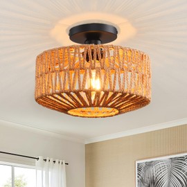 KENMI Ceiling Light Fixture,Hand-Woven Rattan Flush Mount Ceiling Light,Farmhouse Light Fixtures Ceiling Mount Boho for Hallway Bedroom Kitchen Entryway Living Room