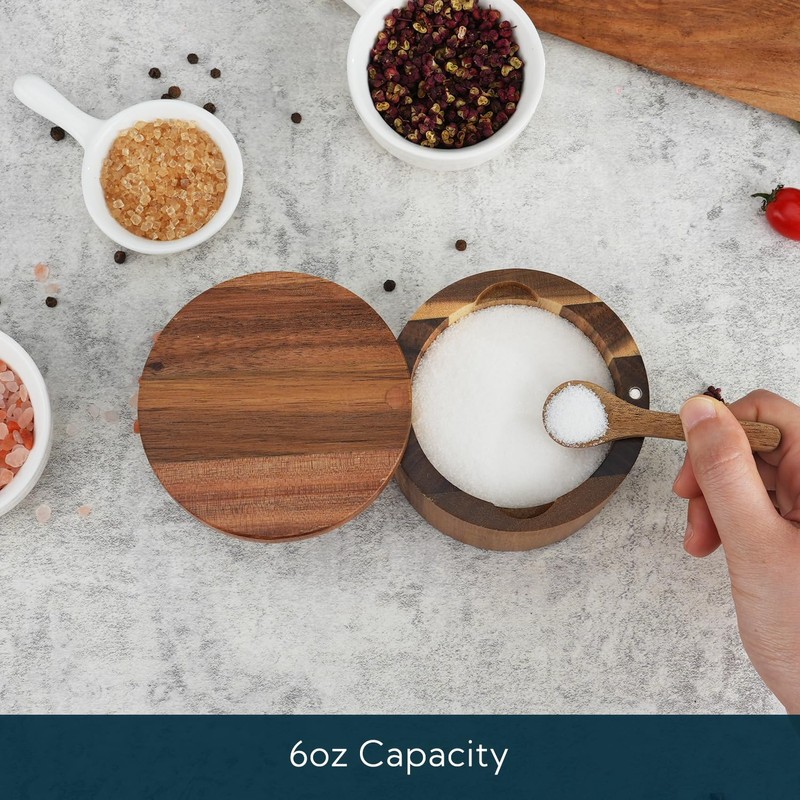 KITCHENDAO Acacia Wood Salt Cellar Bowl Box with Built-in Spoon