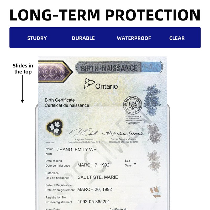 Birth Certificate Holder Canada - 5x7 Inches, Sturdy Clear Plastic