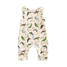 GuliriFei Newborn Baby Boys Girls Summer Jumpsuit Fish Print Sleeveless Romper Jumpsuit Bodysuit One Piece Outfit (Khaki Fish, 12-18 Months)