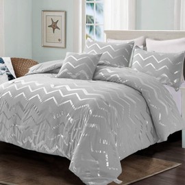 Menghomeus Grey and Silver Comforter Set Twin/Twin XL Size Metallic Print Geometric Bedding Set Lightweight Microfiber Comforter for Teen Girls Boys Women (1 Pillow Sham + 1 Decorative Pillow Sham)