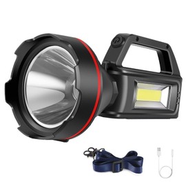 Rechargeable Spotlight Flashlight, High Lumens Handheld Spotlight,LED Searchlight with Shoulder Strap and USB Output for During Hurricane,Emergency, Storms, Outages,Hunting , Hiking, Camping(Black1)
