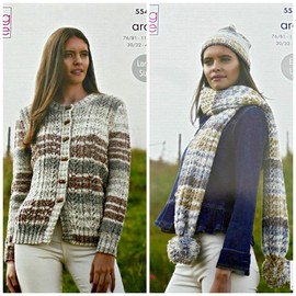 King Cole 5546 Knitting Pattern Womens Cardigan Hat & Scarf in Drifter Aran