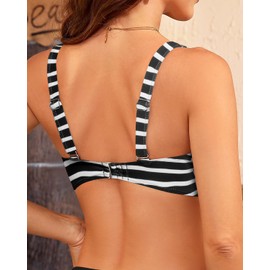 Women Underwire Swimsuit Top Only - Swim Bra Bathing Suit Top 2025 Scoop Neck Bikini Black Striped M