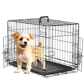 HealSmart 24 Inch Small Dog Crate with Divider, Double Door Folding Metal Wire Cage with Leak-Proof Plastic Tray, Portable Pet Kennel for Indoor, Outdoor and Travel, Black