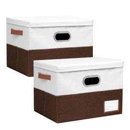 EITMOW Foldable Fabric Storage Boxes with Lids, Collapsible Versatile Bins Baskets Cubes with Handles for Easy Organization in Closet, Living Room, and Bedroom (Brown & White, 2PCS/15 * 9.8 * 9.8in)