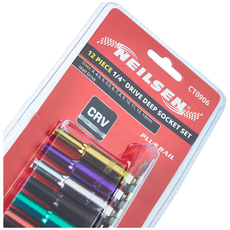 neilsen CT0906 1/4-Inch Deep Socket Set Drive Plus Wall Rail