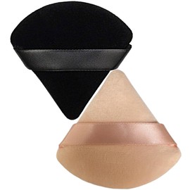 2 Pcs Stadux Triangle Powder Puff, Reuseable Powder Puff With Strap For Easy Use, Makeup Sponge Perfect For Pressed Powder, Velvet powder puff for Dry & Wet makeup (Black/Skin)