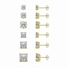 14K Gold Plated 6 Pairs Women's Stud Earrings Set | Hypoallergenic 6 Studs Pack | Premium Cubic Zirconia Stud Earrings (14k Gold)
