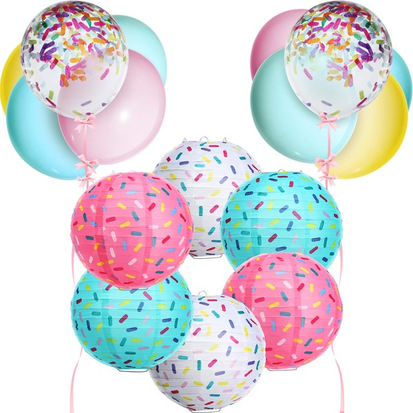 28 Pieces Donut Birthday Party Decorations Including Donut Hanging Paper Lanterns Confetti Sprinkle Balloons and Rainbow Balloons for Ice Cream Party Wedding Bridal Baby Shower Decorations