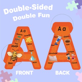 Bilingual Spanish English Alphabet ABC Puzzle Jigsaw for Toddlers, Age 5+, Montessori Preschool Kindergarten ABC Sight Words Letter Puzzle 27 Letters Double-Sided with Gift Box