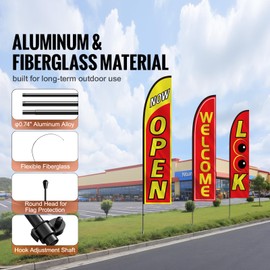 Happybuy Open Flags with Pole Kit, Advertising Flags for Business, 3 Swooper Flags (Open, Look, Welcome), 3 Poles, 3 Ground Stakes, 16.3 FT Feather Flag Kit