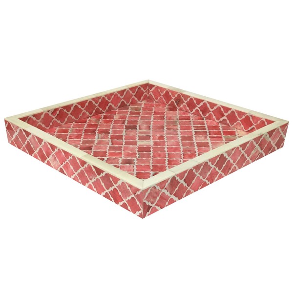 Moorish Moroccan Pattern Inspired Trays – Ideal Ottoman Tray – Multipurpose Bone Inlay Serving Tray or Simply Use as a Decorative Trays 12x12 Inches Red White