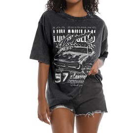 Pairxily Oversized Graphic Tees for Women Baggy Streetwear Preppy Shirts for Teens Race Car Checkered Flag Drop Shoulder Top(Black,L)