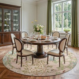 jinchan Yarden Round Rugs 8ft Beige Botanical Birds Print Machine Washable 8' Circle Nature Plants Modern Soft Non Slip Kids Throw Area Rugs Ultra Thin Low Pile Carpet for Living Room Bedroom