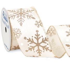 Ribbli Champagne Snowflake Wired Ribbon,White Satin with Big Glitter Snowflake Christmas Ribbon for Wreath ChritmasTree Decoration Gift Wrapping Home Decor, 2-1/2 Inch x 10 Yards