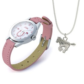 Relda Girl's-Children White Dial & Pink PU Strap with Buckle + A Horse Pendant Necklace On A 15" Base Metal Chain Gift Set