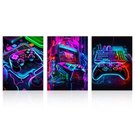 Dazzlewall Pack of 3 Neon Gaming Wall Pictures, Controller Gamepad Pictures, Video Game Poster for Teenagers, Boys Room, Dorm, Playroom Decoration, 12 x 16 Inches, Unframed