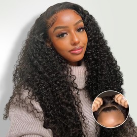FACMOOD Wear and Go Kinky Curly Glueless Wig Human Hair, 6x4 Pre-Cut HD Lace Glueless Wigs Pre-Plucked, Transparent No Glue Lace Front Closure Wigs for Women 200% Density 26 inch