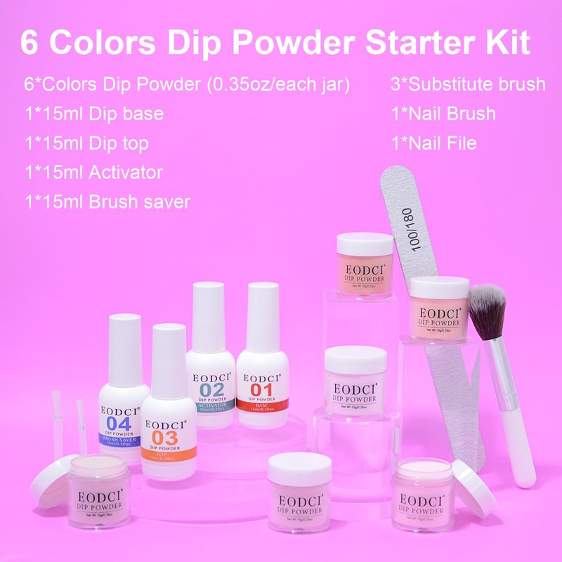 Dip Powder Nail Set Starter, Pastel Pink Glitter, 6 Colours