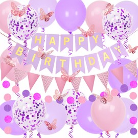 Purple and Pink Birthday Decorations, Happy Birthday Banner and Purple Pink Balloons, Butterfly Stickers and Circle Dot Paper Garland, Birthday Bunting Banner, for Birthday Party Decoration