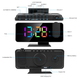 Hanaix Projection Alarm Clock for Bedroom Ceiling,11 Colors RGB Digital Clock Large Display, 7.3'' Large Mirror Screen with Dual Alarm,5 Auto Dimmer,12/24H, Snooze,180°Projector on Ceiling