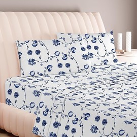 Carressa Linen Luxury Egyptian Cotton California King Printed Sheet Set - 600 Thread Count Extra Long Staple 4 PC Set, Floral Blue Cal King Printed Sheets, Soft, Cooling Sheets Upto 18 in Deep Pocket