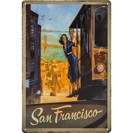 Historical Retro Vintage Tin Sign with Souvenir Travel Motif, Holiday, Adventure, Holiday Decorative Sign, 30 x 20 cm (San Francisco, USA)