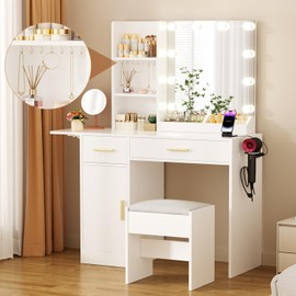 ERLEJIA Vanity Desk with Mirror and Lights & Extral Foldable Desk, 35.43"-43.3" Makeup Vanity Table with Stool and Plug Strip, 5 Drawers and and Open Shelves Dressing Table for Bedroom, White