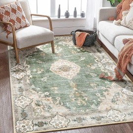MUJOO Boho Rug 4'x6.5' Area Rugs for Bedroom Living Room Dining Room Green Small Rugs Machine Washable Non Slip Carpet for Office Dorm Bedside Kitchen Laundry Room Accent Soft Floral