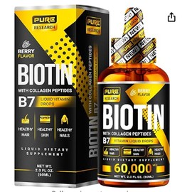 PURE RESEARCH Liquid Biotin & Collagen Hair Growth Drops 60,000mcg - Biotin and Liquid Collagen Supplement for Men & Women - Glowing Skin Support, Healthy Hair & Nail Growth - 2oz